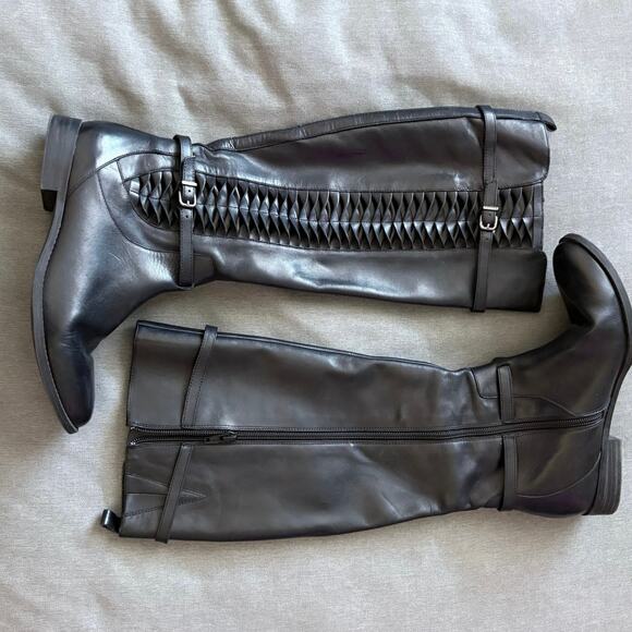 Gianni Bini Black Leather Knee High Boots Woven Detail Riding Style Size 8.5M - Picture 1 of 8